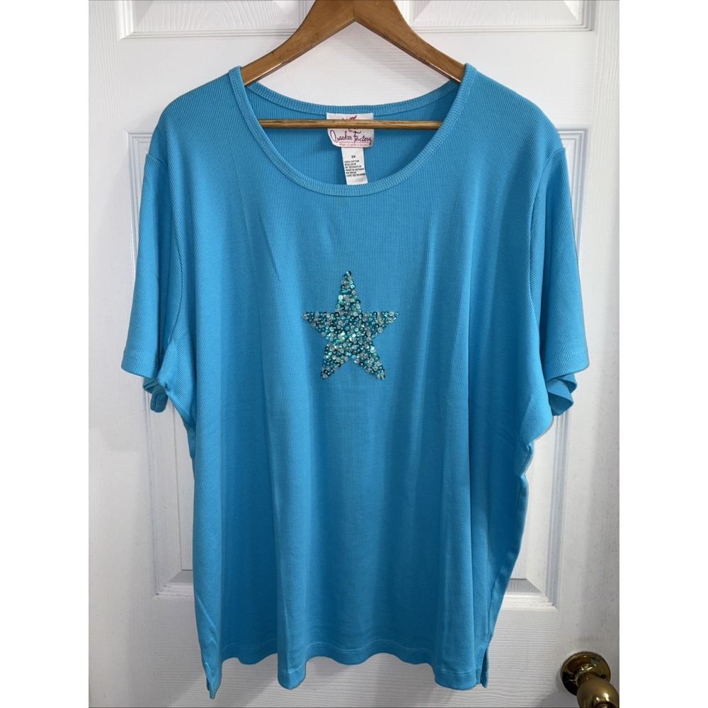Quacker Factory Top Women Size 3X Blue Sequined Star Accent Short Sleeve NWT